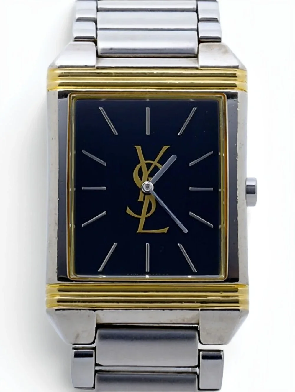YSL Yves Saint Laurent Two-Tone Silver Gold Rectangular Black Dial Watch Womens
